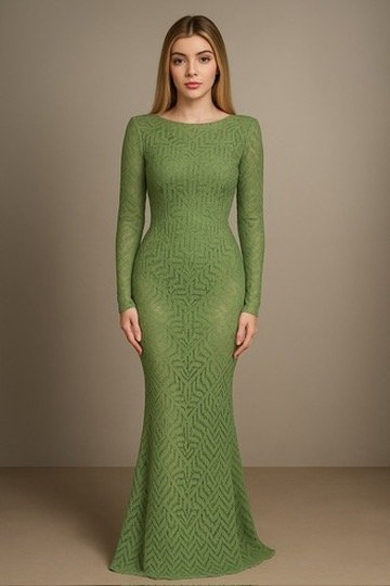 Vestido longo em renda com mangas