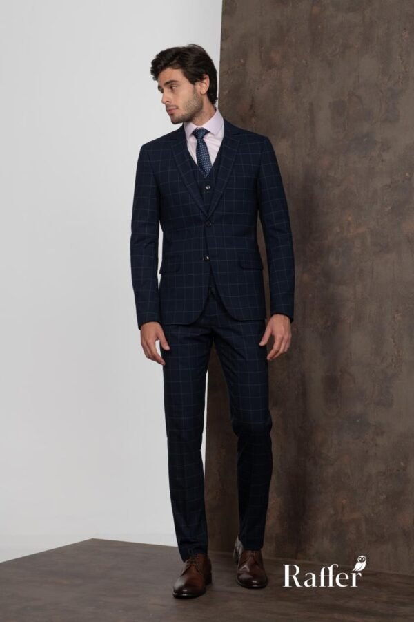 Terno Raffer Slim Fit Azul Marinho Xadrez (3 Peças)