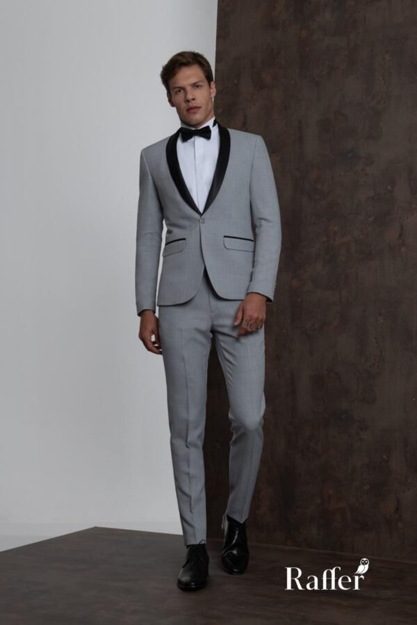 Terno Raffer Slim Fit Cinza com Lapela Preta