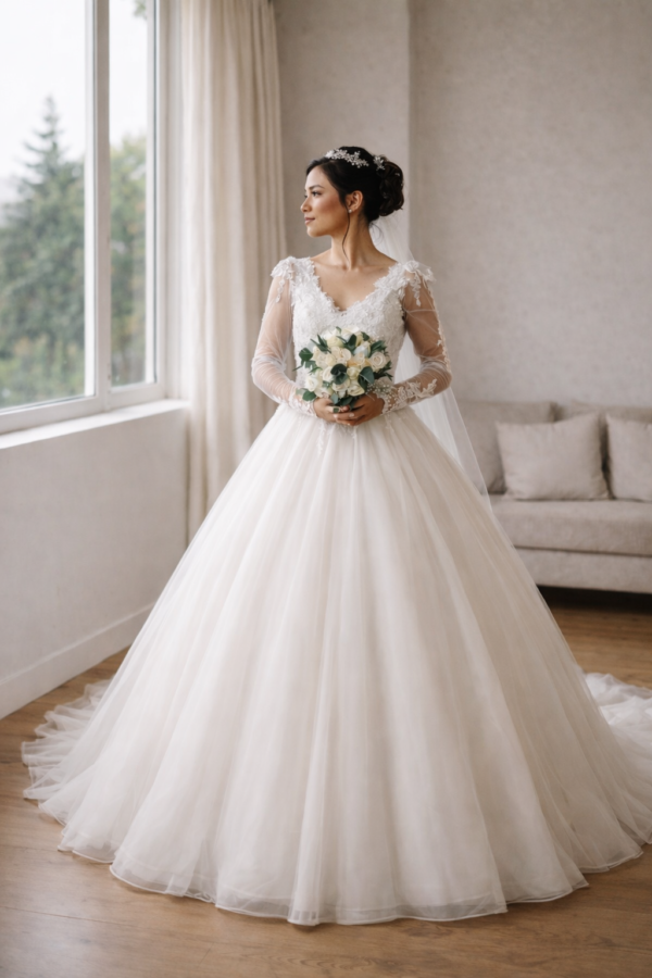 2217 - VESTIDO DE NOIVA PRINCESA SAIA NO TULE CORPETE EM RENDA MANGA LONGA